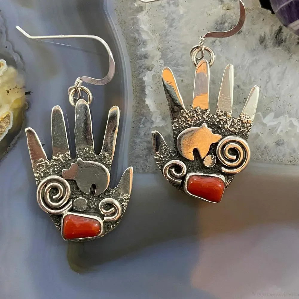 Alex Sanchez Sterling Silver Ancestors Hand Petroglyph W/Coral Dangle Earrings 2 - Picture 4 of 10
